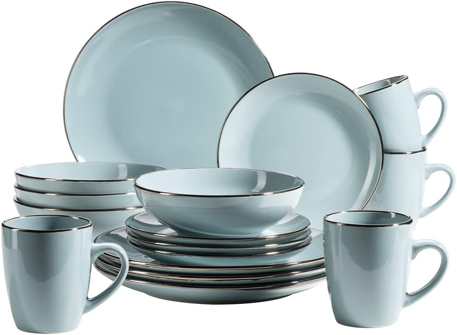 Metallic Rim Modern Dinnerware Set for 6 with Brass Edge 24 Piece Set with Rimless Carving Moulds, Stoneware, Grey