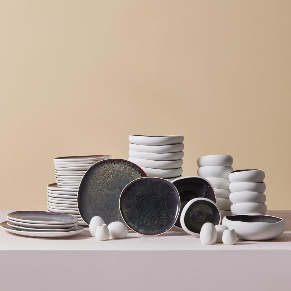 Collection Clay 55-Piece Dinnerware Set for 12 People, Stoneware, Microwave & Dishwasher Safe, White - Stylish and Functional