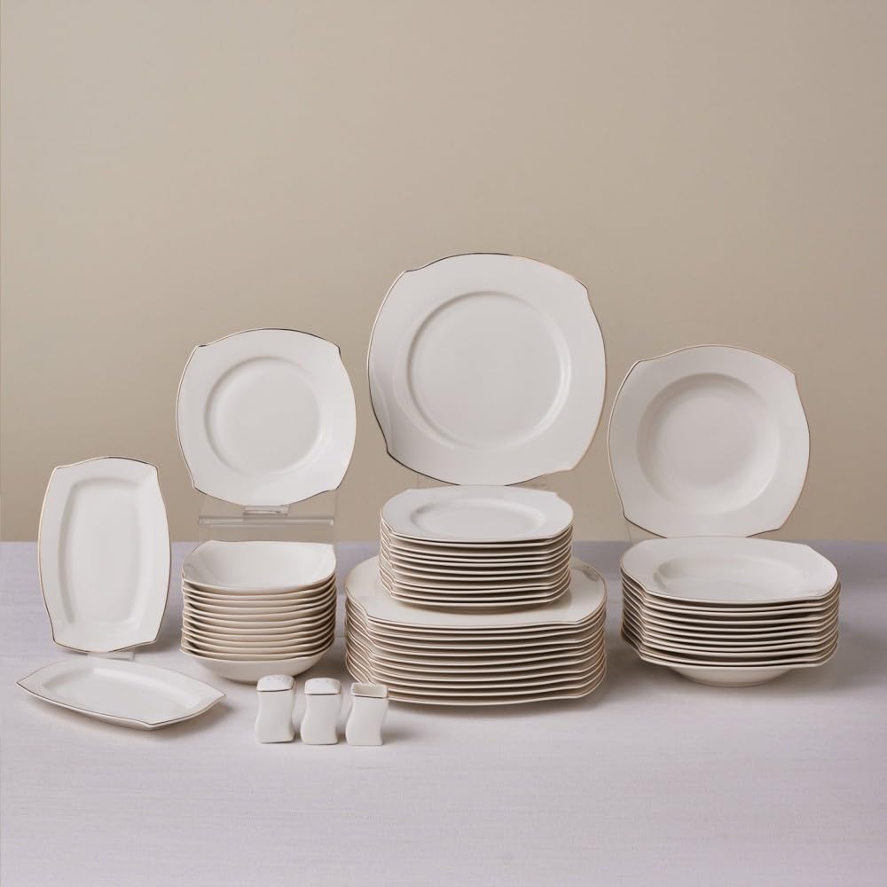 53 Piece Dinner Set for 12 People, Fine Porcelain Dinnerware with Plates, Bowls, Square Serving Dishes, Salt and Pepper Shakers, Elegant and Ideal for Special Occasions