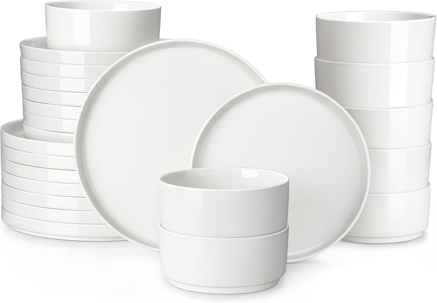 24 Piece Dinner Set White Porcelain Modern Service Set for 8 People, Premium Serving Plates and Bowls Chip and Scratch Resistant LEAH Series