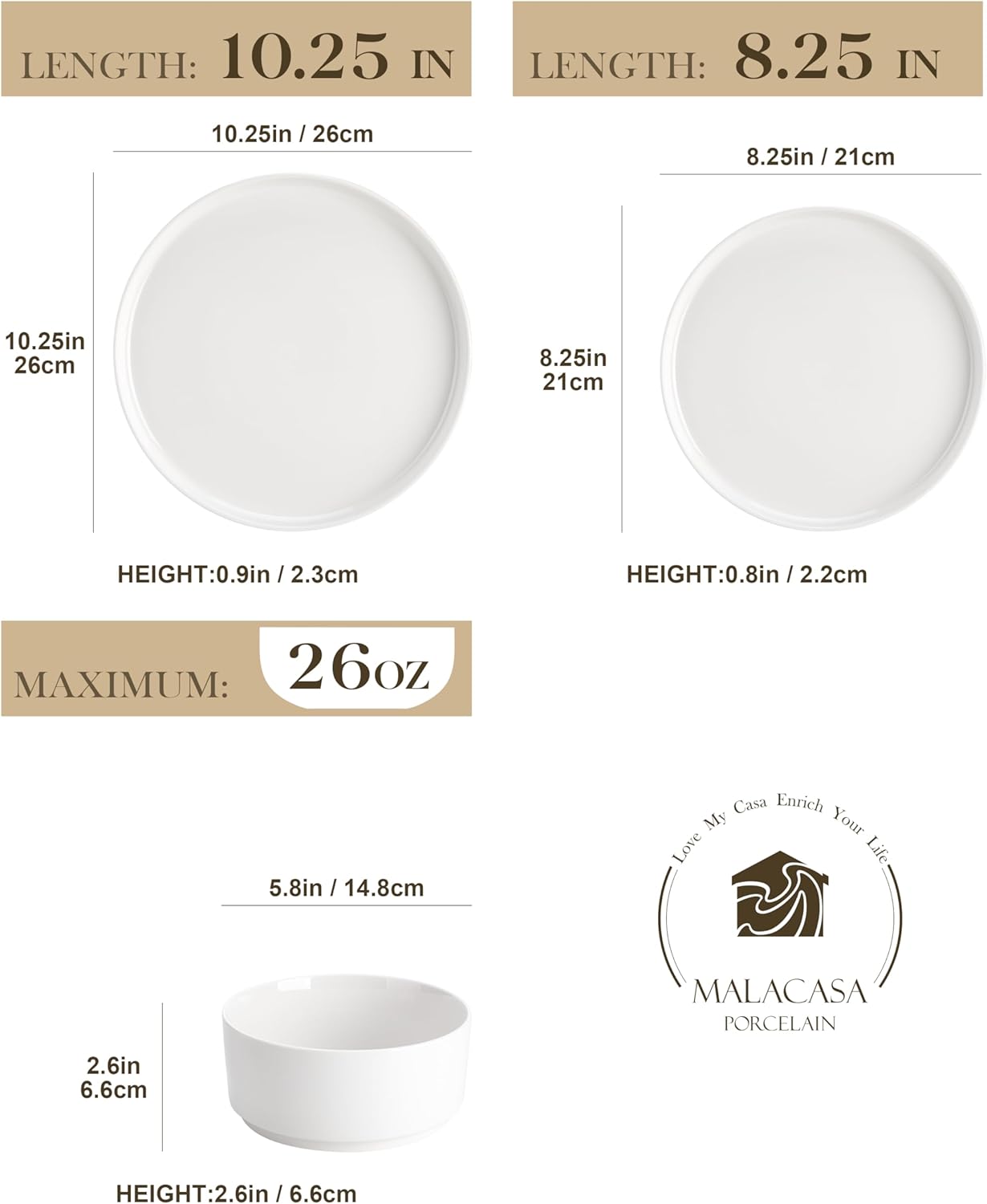24 Piece Dinner Set White Porcelain Modern Service Set for 8 People, Premium Serving Plates and Bowls Chip and Scratch Resistant LEAH Series