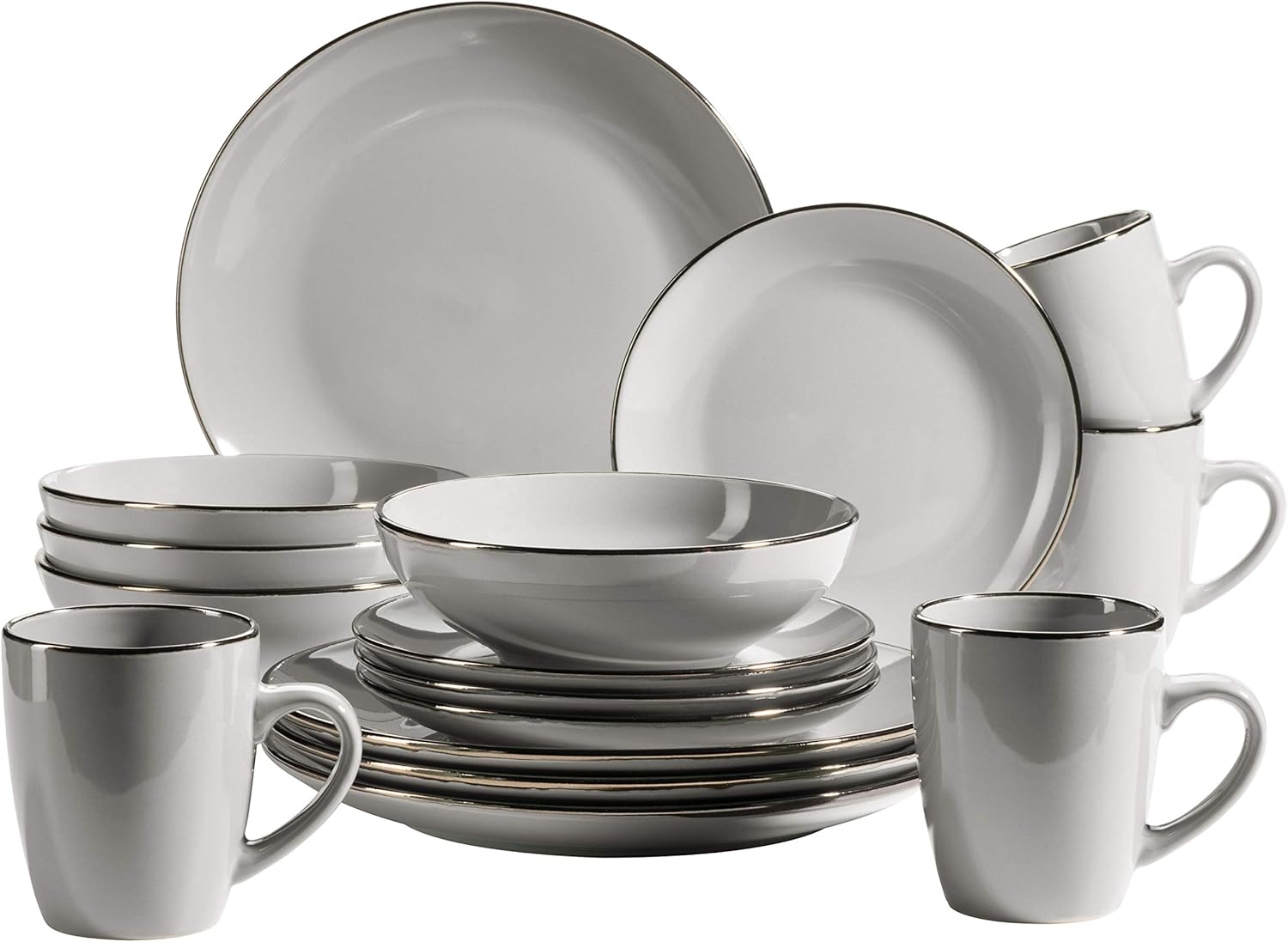 Metallic Rim Modern Dinnerware Set for 6 with Brass Edge 24 Piece Set with Rimless Carving Moulds, Stoneware, Grey
