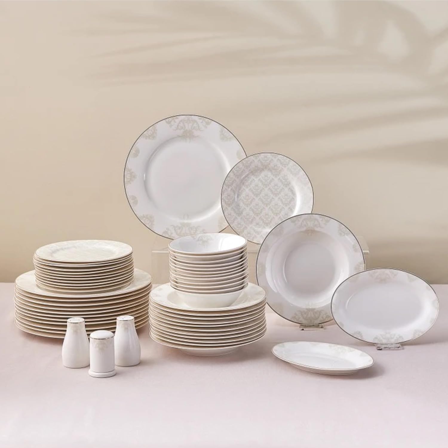 Karaca Siena Dinner Set for 12 People, 53 Pieces, Porcelain Dinnerware Set with Plate, Bowls, Rectangular Serving Trays, Salt and Pepper, White