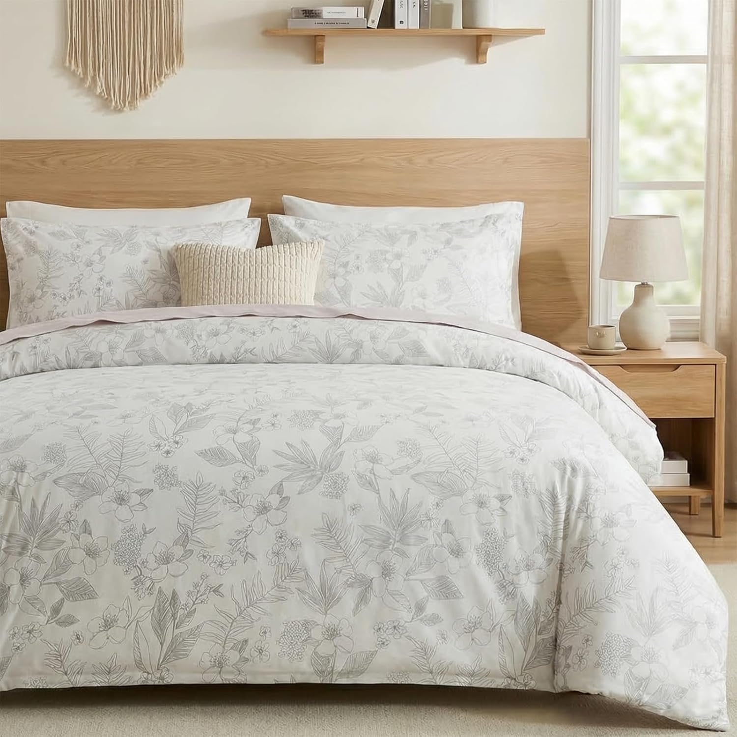 100% Cotton Duvet Cover Queen Size, Black and White Leaf Pattern Bedding Set with Zipper Closure, 3 Pcs Breathable and Soft Floral Duvet Cover for All Season