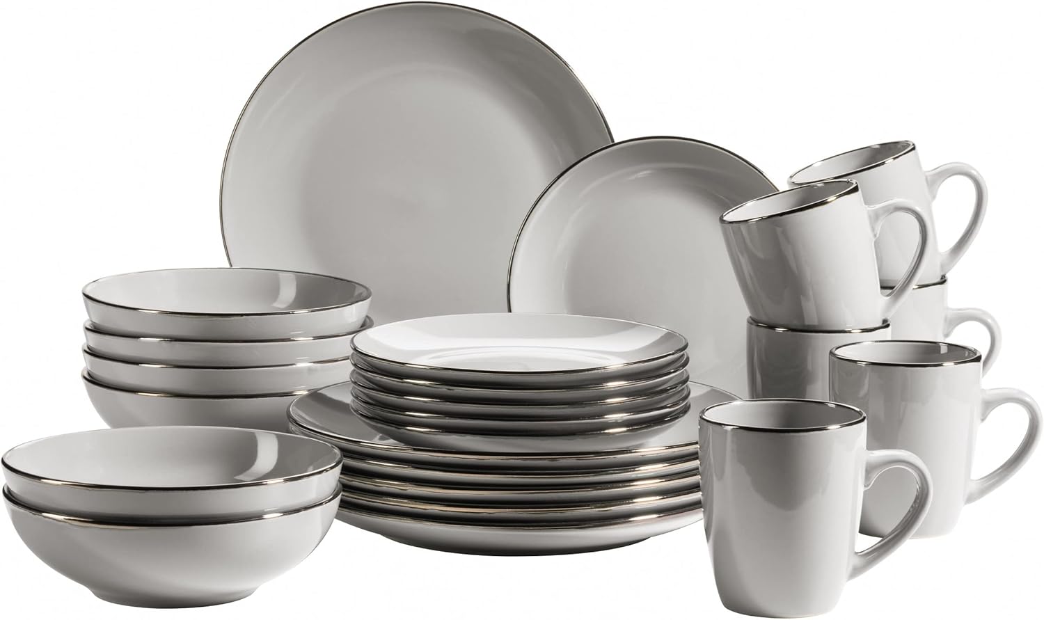 Metallic Rim Modern Dinnerware Set for 6 with Brass Edge 24 Piece Set with Rimless Carving Moulds, Stoneware, Grey