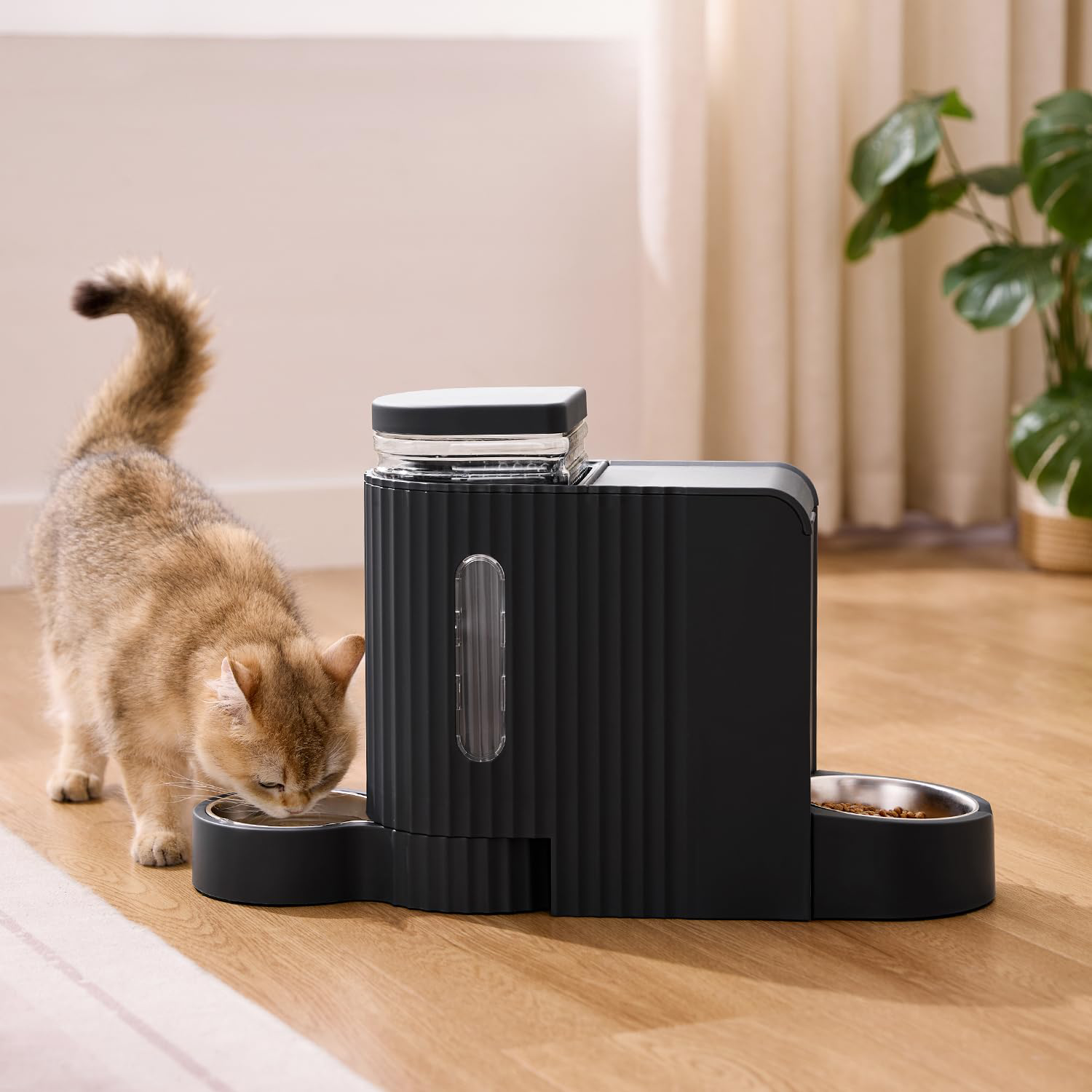 Gravity Cat Feeder and Water Dispenser with 304 Stainless Steel Bowls, 2 in 1 Automatic Cat Feeder with 180 Degree Rotatable Water Bowl, Large Capacity for Puppy Kitten Rabbits, Black