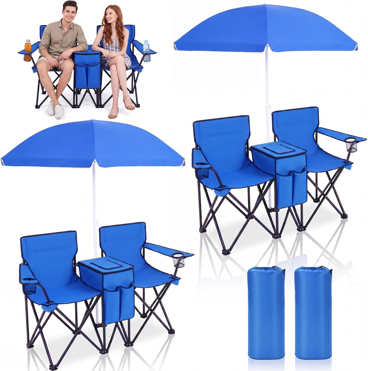 2 Set Double Camping Chair with Umbrella and Cooler, 2 Person Folding Chair with Removable Sunshade & Storage Organizer, Portable Heavy Duty Outdoor Loveseat for Beach, Picnic, Sports