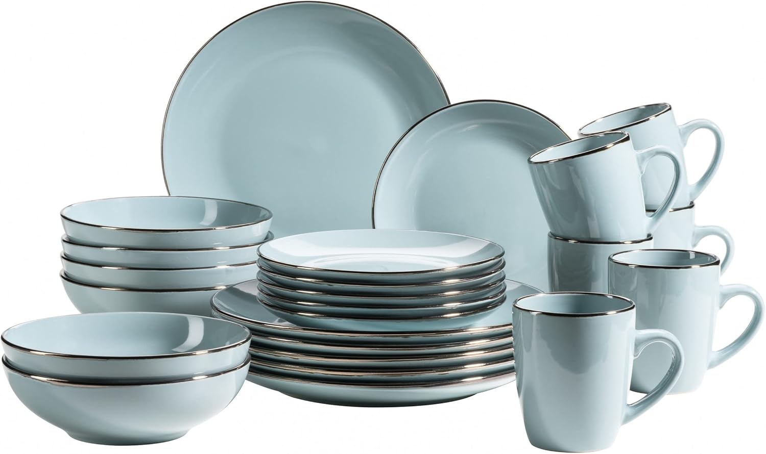 Metallic Rim Modern Dinnerware Set for 6 with Brass Edge 24 Piece Set with Rimless Carving Moulds, Stoneware, Grey