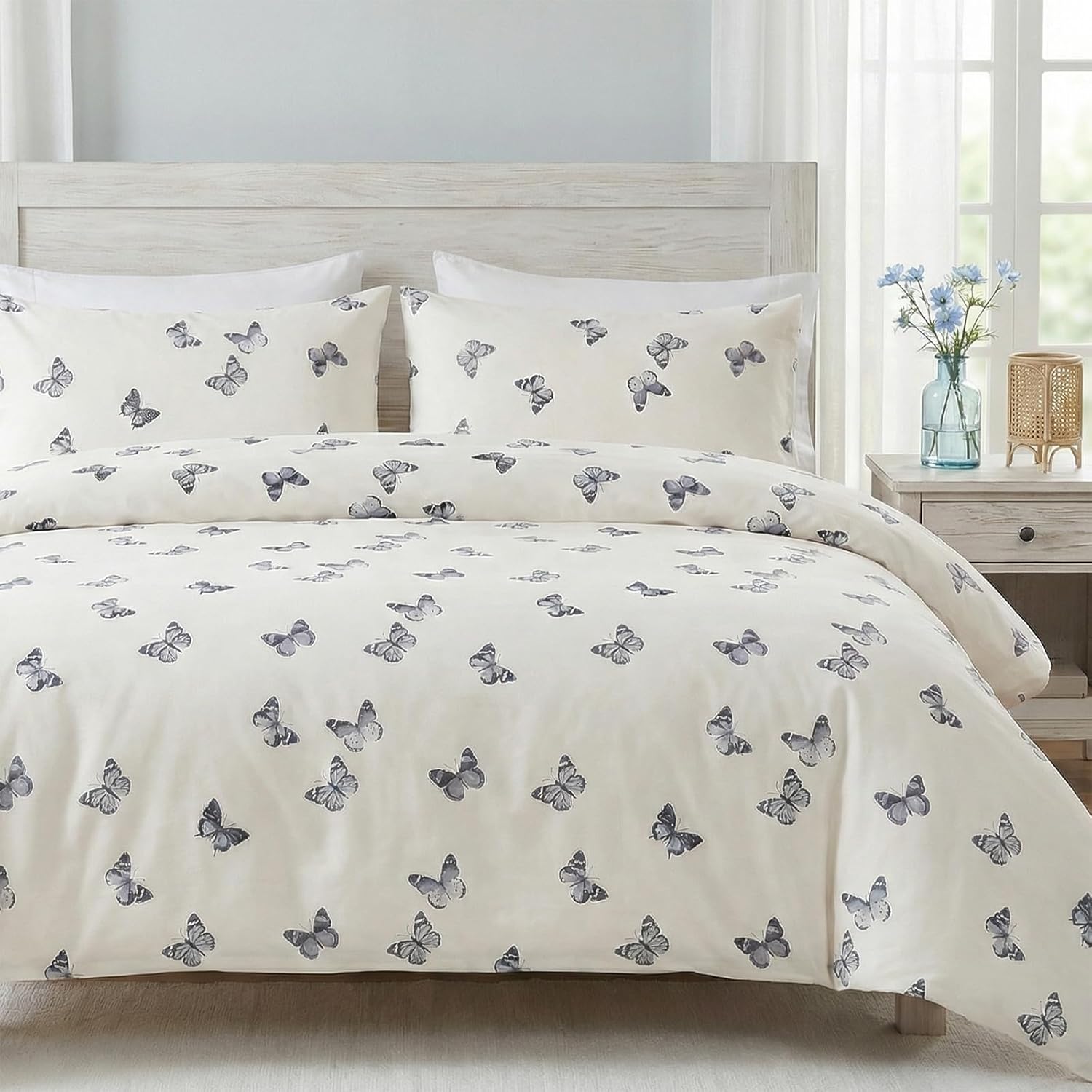 100% Cotton Duvet Cover Queen Size, Black and White Leaf Pattern Bedding Set with Zipper Closure, 3 Pcs Breathable and Soft Floral Duvet Cover for All Season