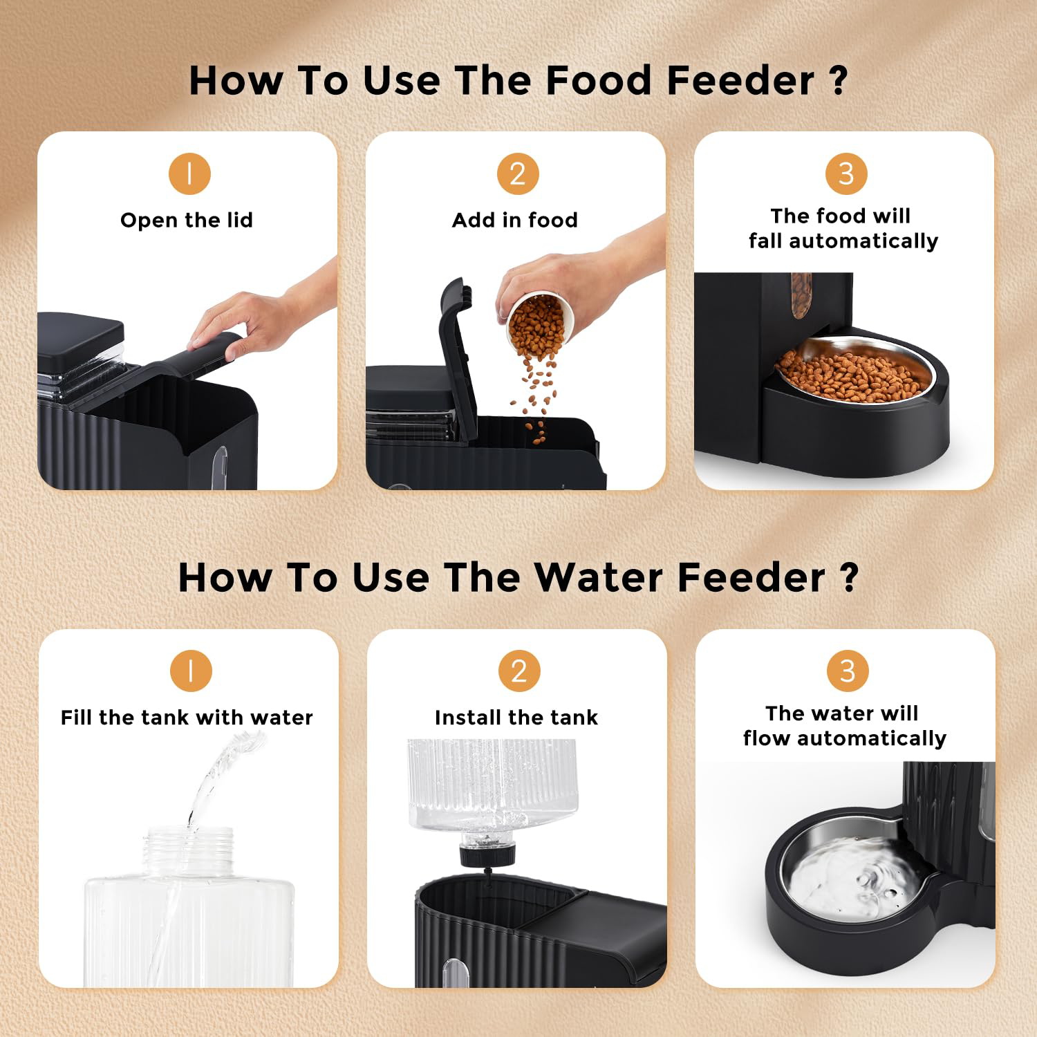 Gravity Cat Feeder and Water Dispenser with 304 Stainless Steel Bowls, 2 in 1 Automatic Cat Feeder with 180 Degree Rotatable Water Bowl, Large Capacity for Puppy Kitten Rabbits, Black
