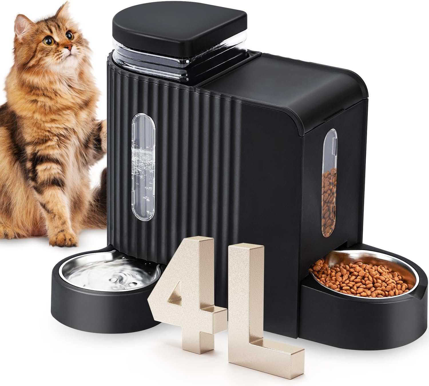 Gravity Cat Feeder and Water Dispenser with 304 Stainless Steel Bowls, 2 in 1 Automatic Cat Feeder with 180 Degree Rotatable Water Bowl, Large Capacity for Puppy Kitten Rabbits, Black