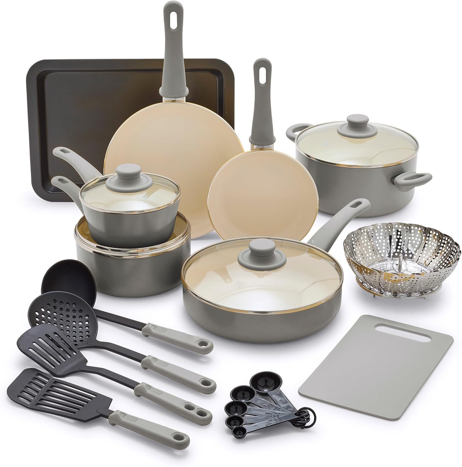 Soft Grip Healthy Ceramic Nonstick 23 Piece Kitchen Cookware Pots and Frying Sauce Saute Pans Set with Kitchen Utensils, PFAS-Free, Dishwasher Safe, Black