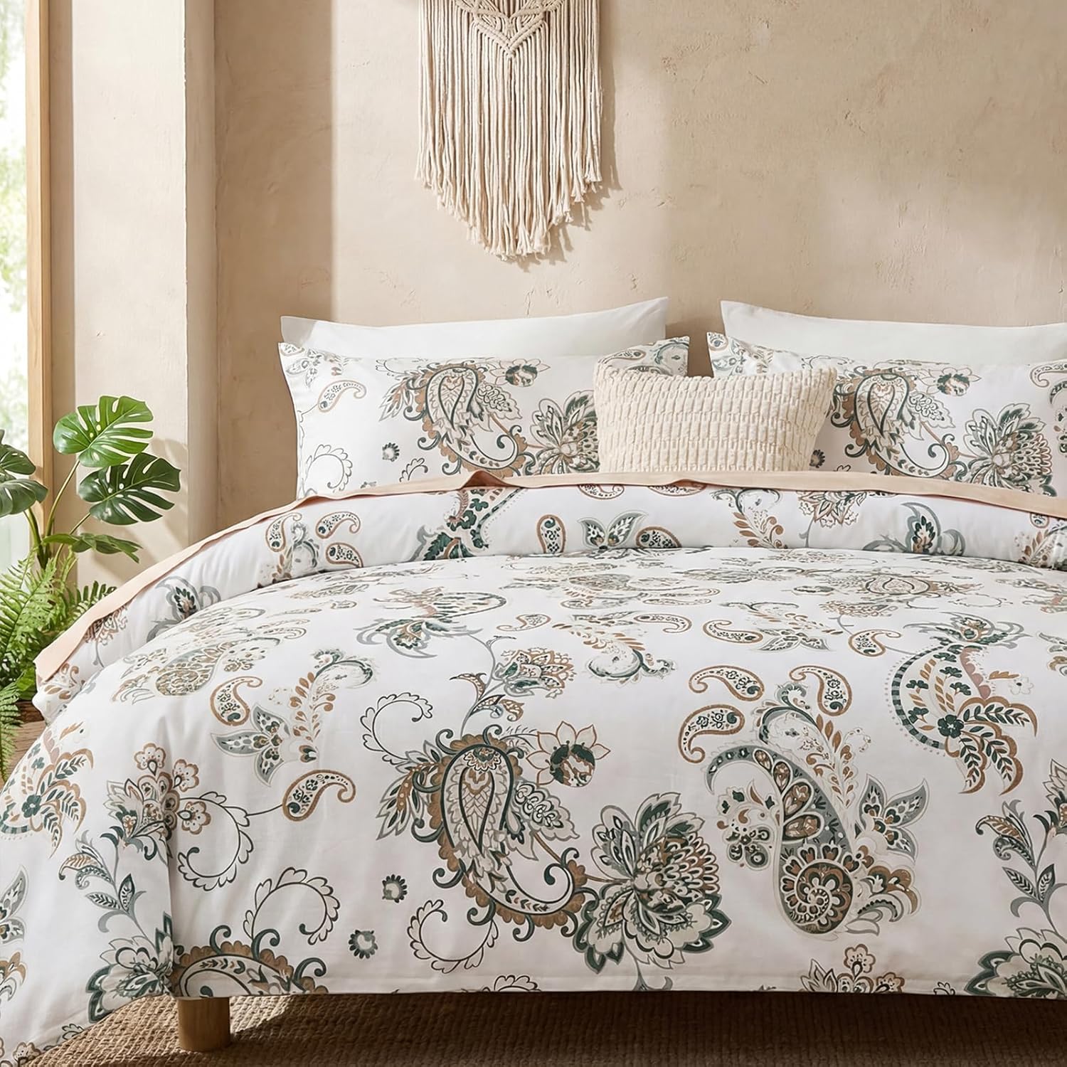 100% Cotton Duvet Cover Queen Size, Black and White Leaf Pattern Bedding Set with Zipper Closure, 3 Pcs Breathable and Soft Floral Duvet Cover for All Season