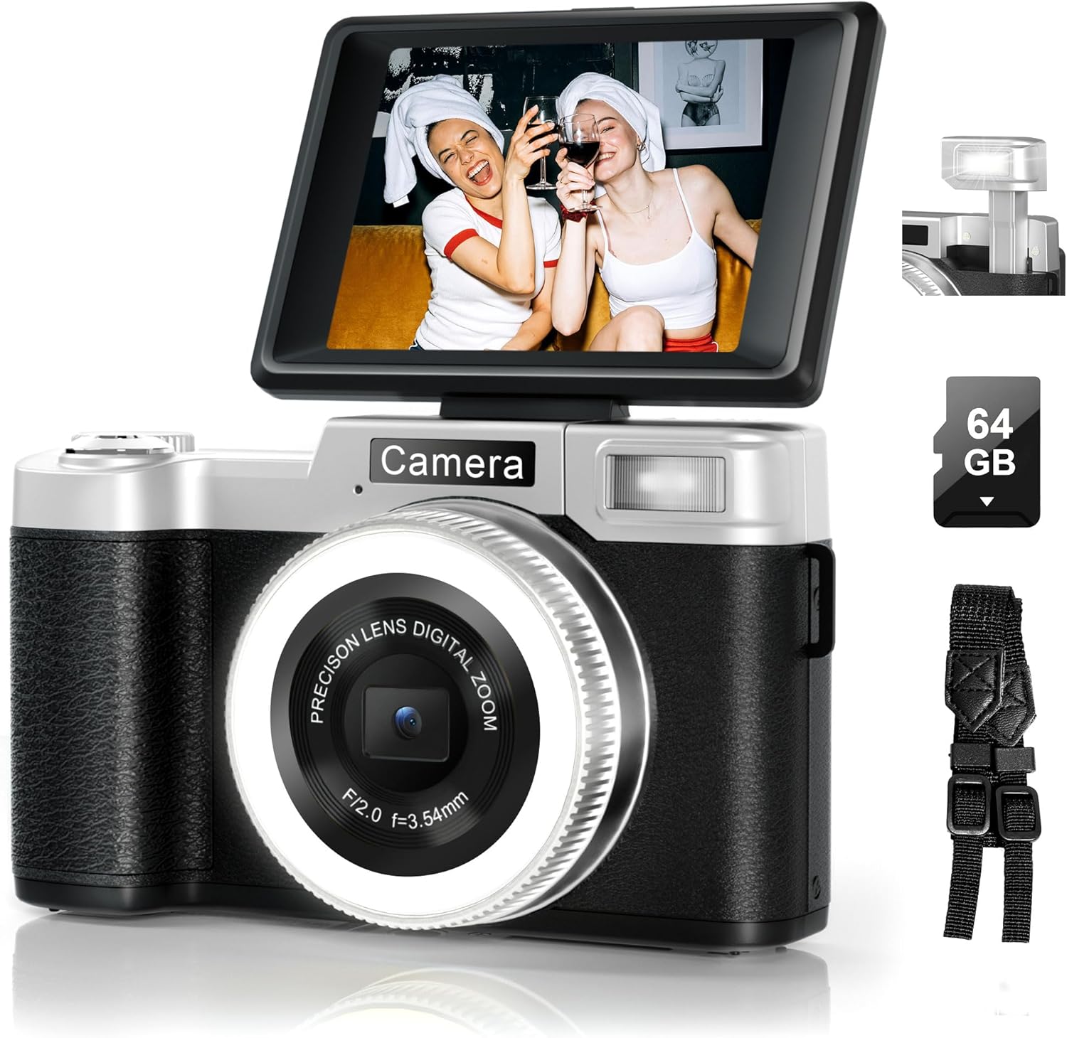 Digital Cameras for Photography and Vlogging, 6K 64MP Flip Screen, Dual Lens, Microphone for Video, 64GB TF Card, Compact Photo WiFi Camera for YouTube Kit Travel, Beginners (Black)