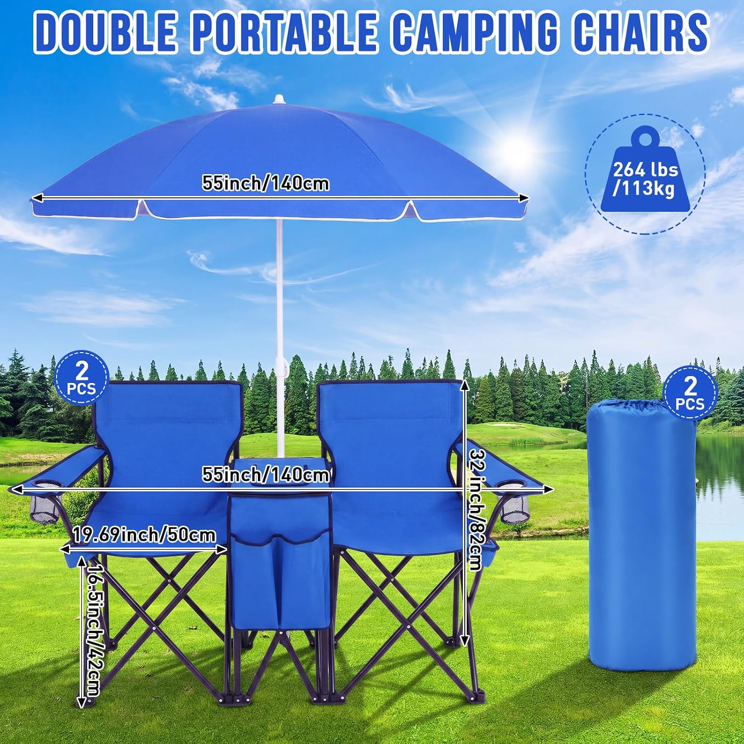 2 Set Double Camping Chair with Umbrella and Cooler, 2 Person Folding Chair with Removable Sunshade & Storage Organizer, Portable Heavy Duty Outdoor Loveseat for Beach, Picnic, Sports