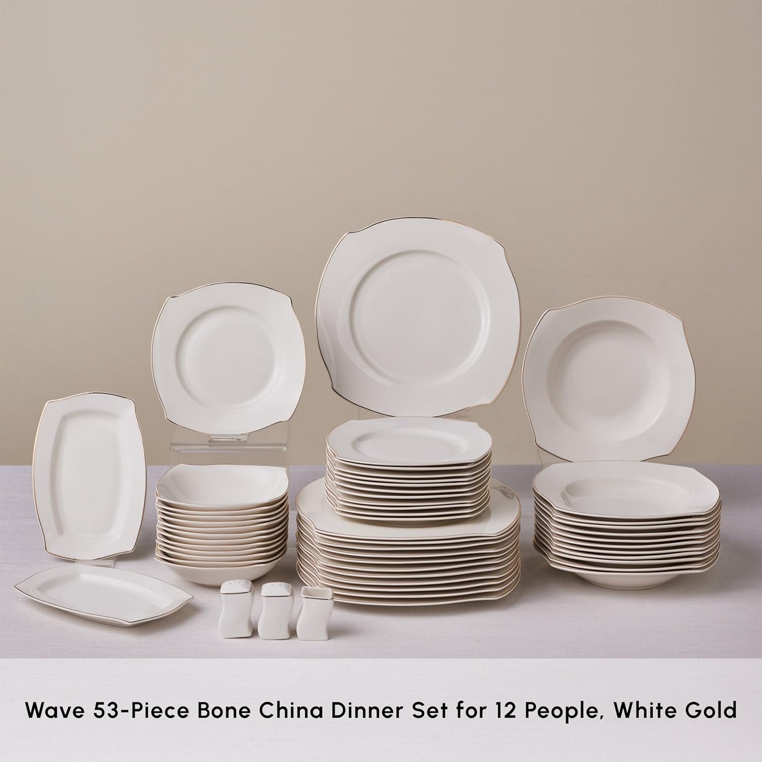 53 Piece Dinner Set for 12 People, Fine Porcelain Dinnerware with Plates, Bowls, Square Serving Dishes, Salt and Pepper Shakers, Elegant and Ideal for Special Occasions