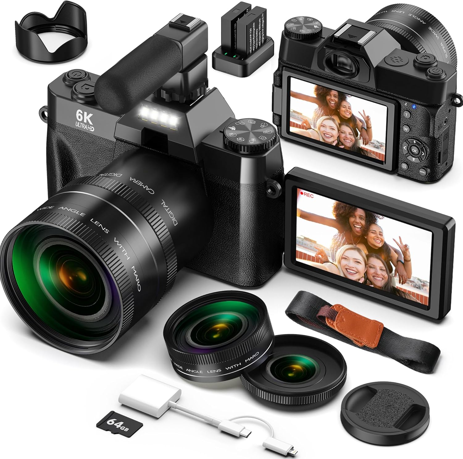 Digital Cameras for Photography and Vlogging, 6K 64MP Flip Screen, Dual Lens, Microphone for Video, 64GB TF Card, Compact Photo WiFi Camera for YouTube Kit Travel, Beginners (Black)