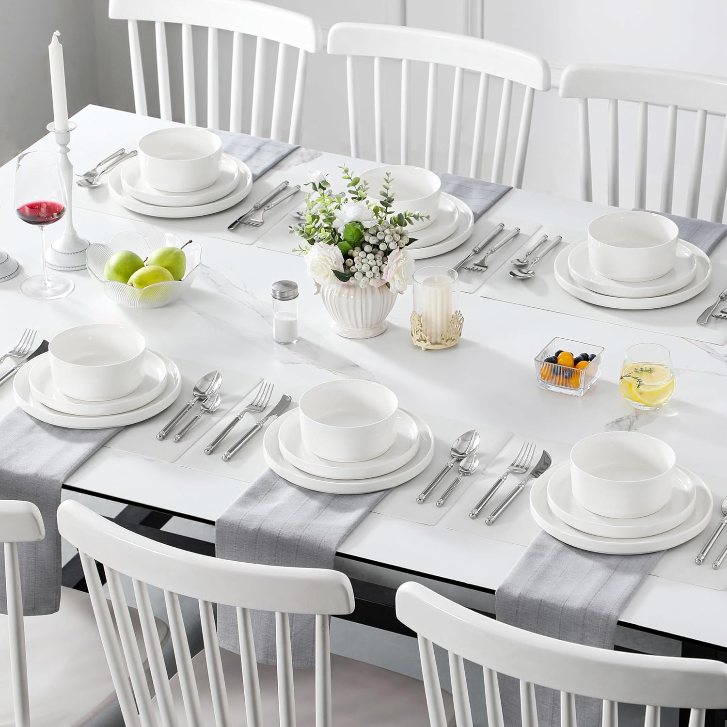 24 Piece Dinner Set White Porcelain Modern Service Set for 8 People, Premium Serving Plates and Bowls Chip and Scratch Resistant LEAH Series