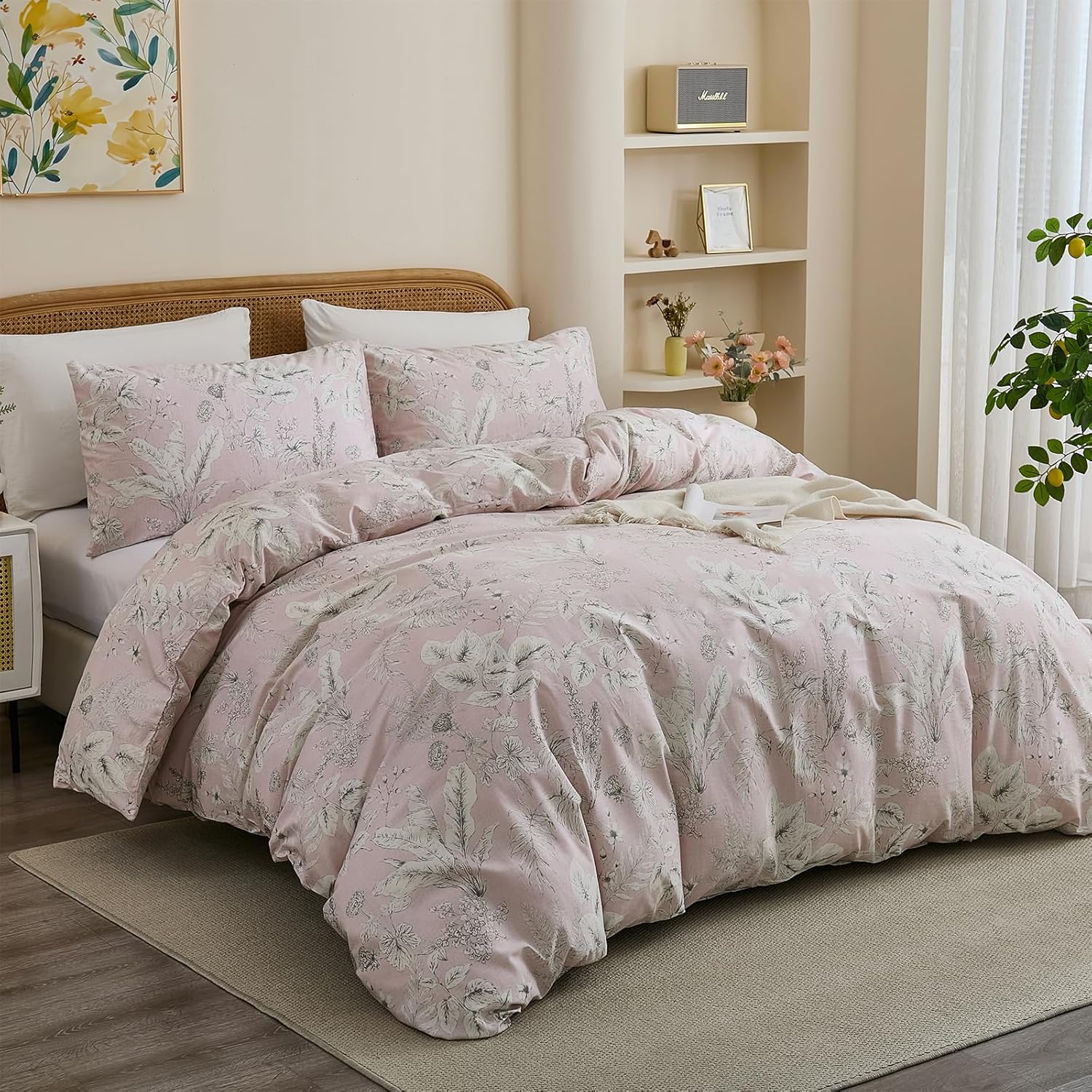 100% Cotton Duvet Cover Queen Size, Black and White Leaf Pattern Bedding Set with Zipper Closure, 3 Pcs Breathable and Soft Floral Duvet Cover for All Season