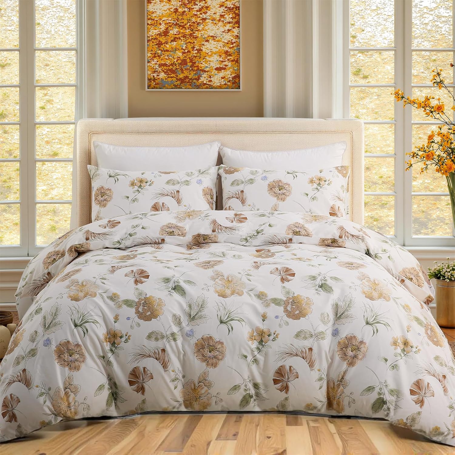 100% Cotton Duvet Cover Queen Size, Black and White Leaf Pattern Bedding Set with Zipper Closure, 3 Pcs Breathable and Soft Floral Duvet Cover for All Season