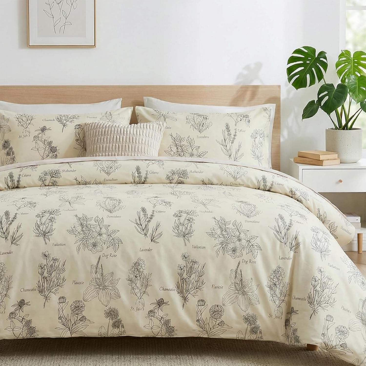 100% Cotton Duvet Cover Queen Size, Black and White Leaf Pattern Bedding Set with Zipper Closure, 3 Pcs Breathable and Soft Floral Duvet Cover for All Season