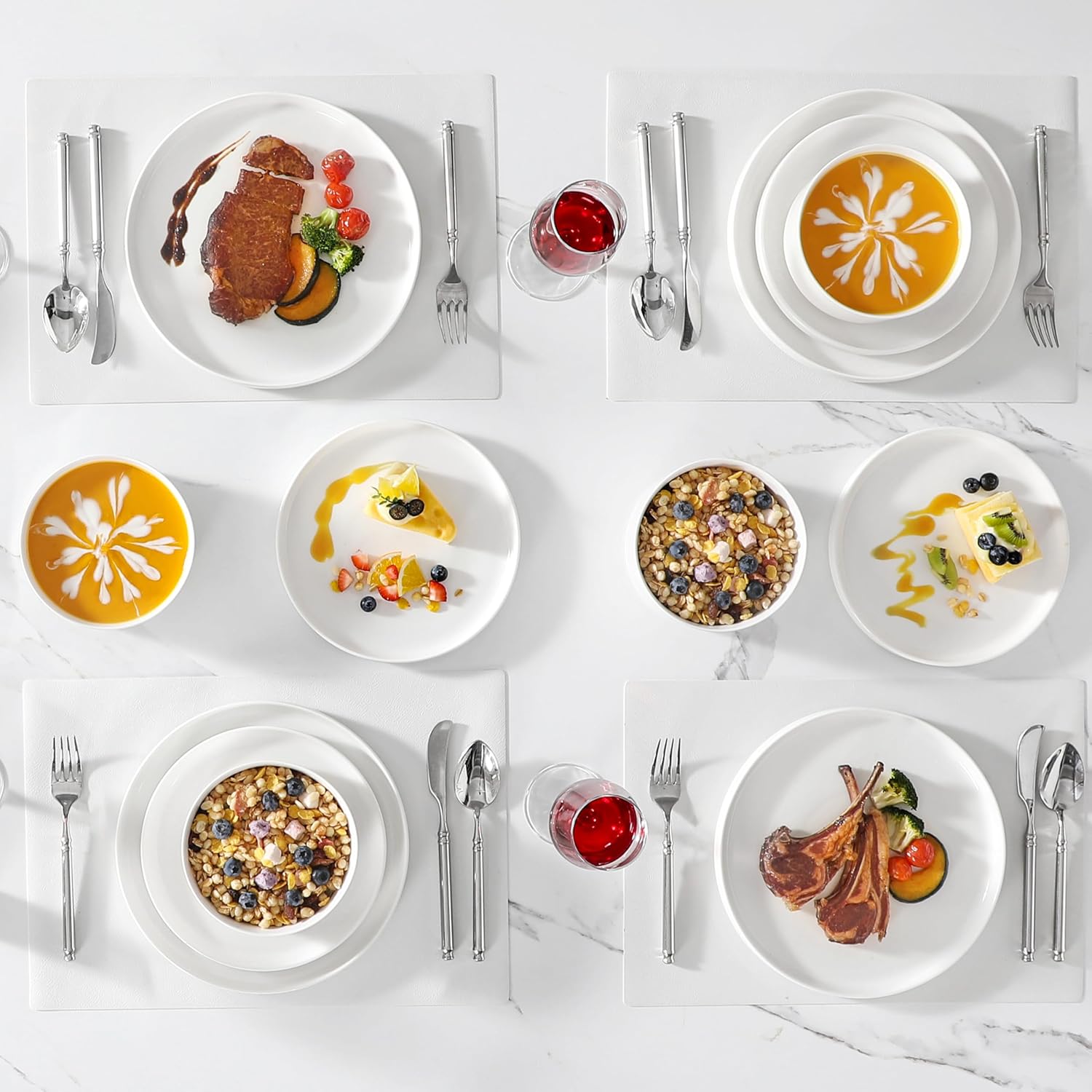 24 Piece Dinner Set White Porcelain Modern Service Set for 8 People, Premium Serving Plates and Bowls Chip and Scratch Resistant LEAH Series