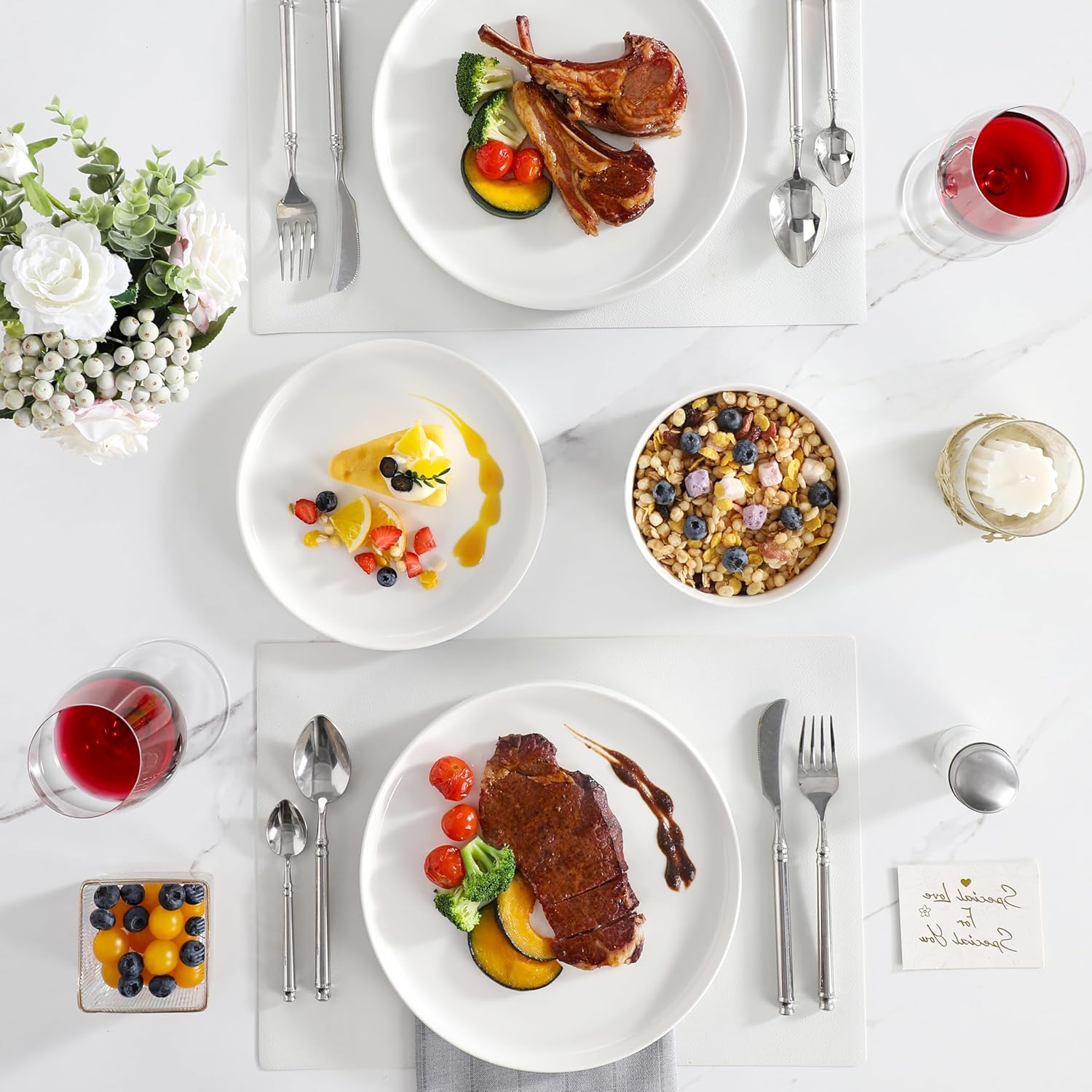 24 Piece Dinner Set White Porcelain Modern Service Set for 8 People, Premium Serving Plates and Bowls Chip and Scratch Resistant LEAH Series