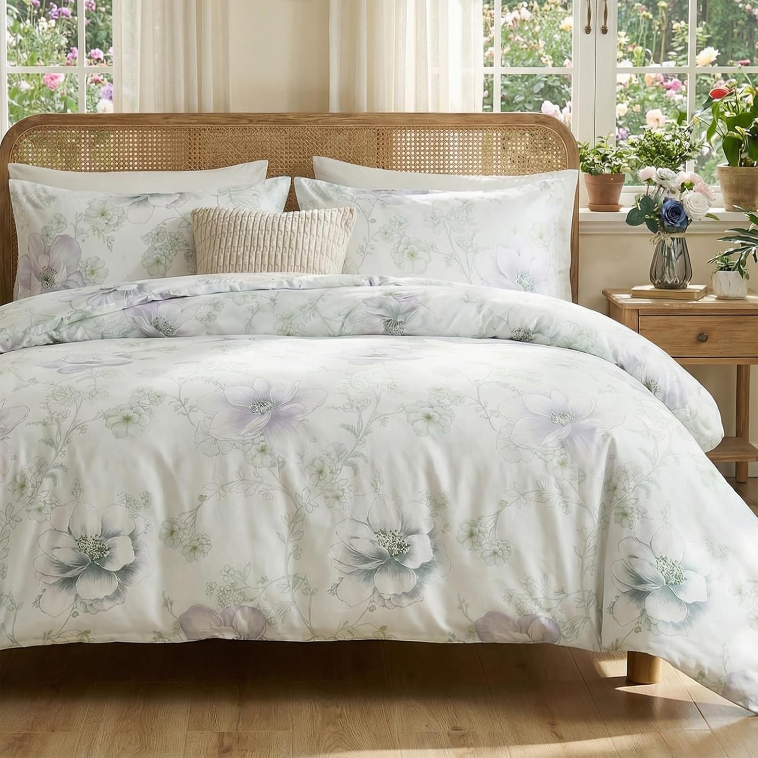100% Cotton Duvet Cover Queen Size, Black and White Leaf Pattern Bedding Set with Zipper Closure, 3 Pcs Breathable and Soft Floral Duvet Cover for All Season
