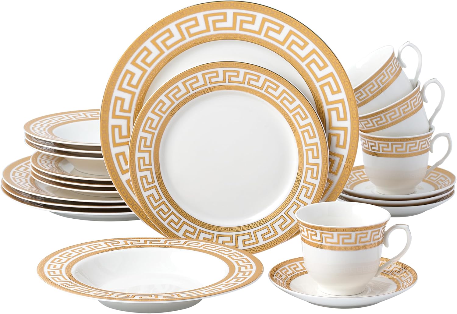 Collection 57-Piece Bone China Dinnerware Set, Service for 8, White and Golden Greek Key