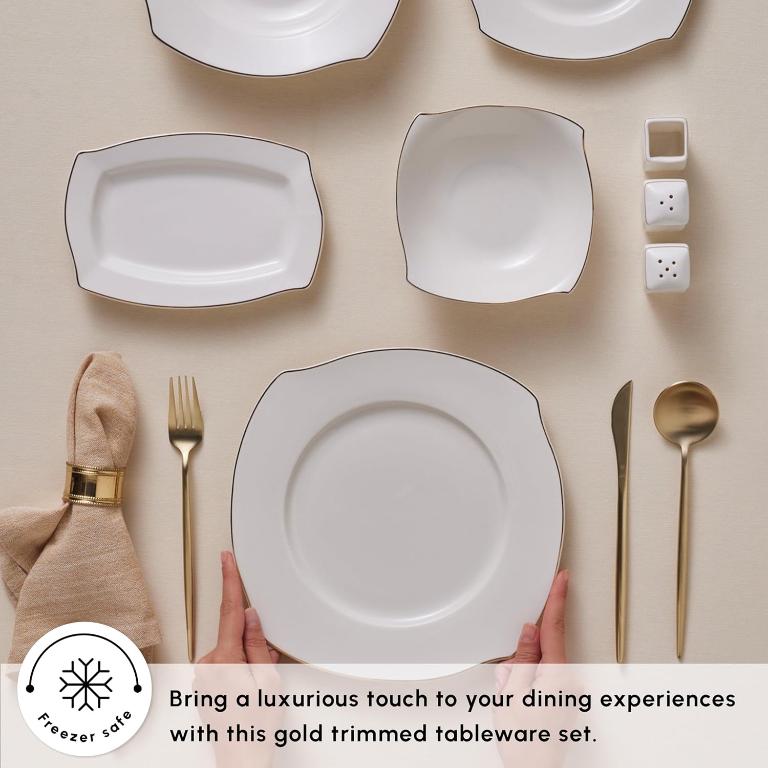 53 Piece Dinner Set for 12 People, Fine Porcelain Dinnerware with Plates, Bowls, Square Serving Dishes, Salt and Pepper Shakers, Elegant and Ideal for Special Occasions