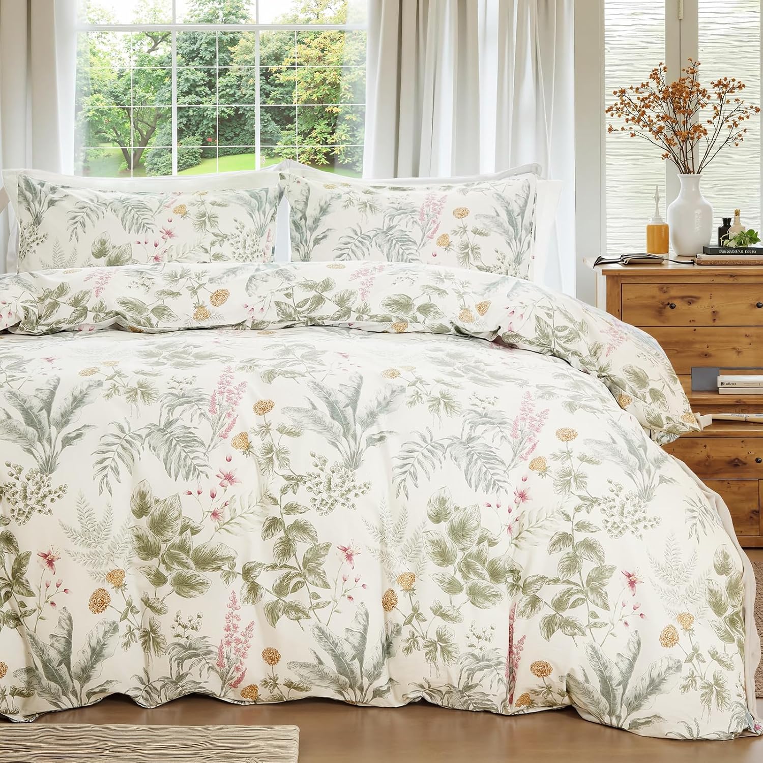 100% Cotton Duvet Cover Queen Size, Black and White Leaf Pattern Bedding Set with Zipper Closure, 3 Pcs Breathable and Soft Floral Duvet Cover for All Season