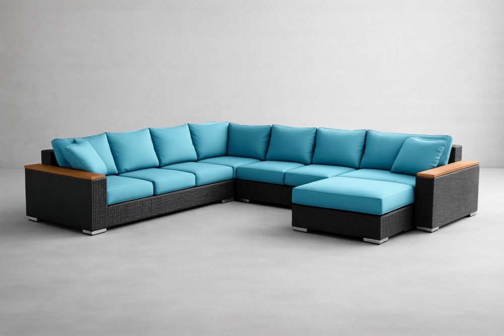 Divano angolare modulabile da giardino in rattan nero con cuscini azzurri-Dwellhabito