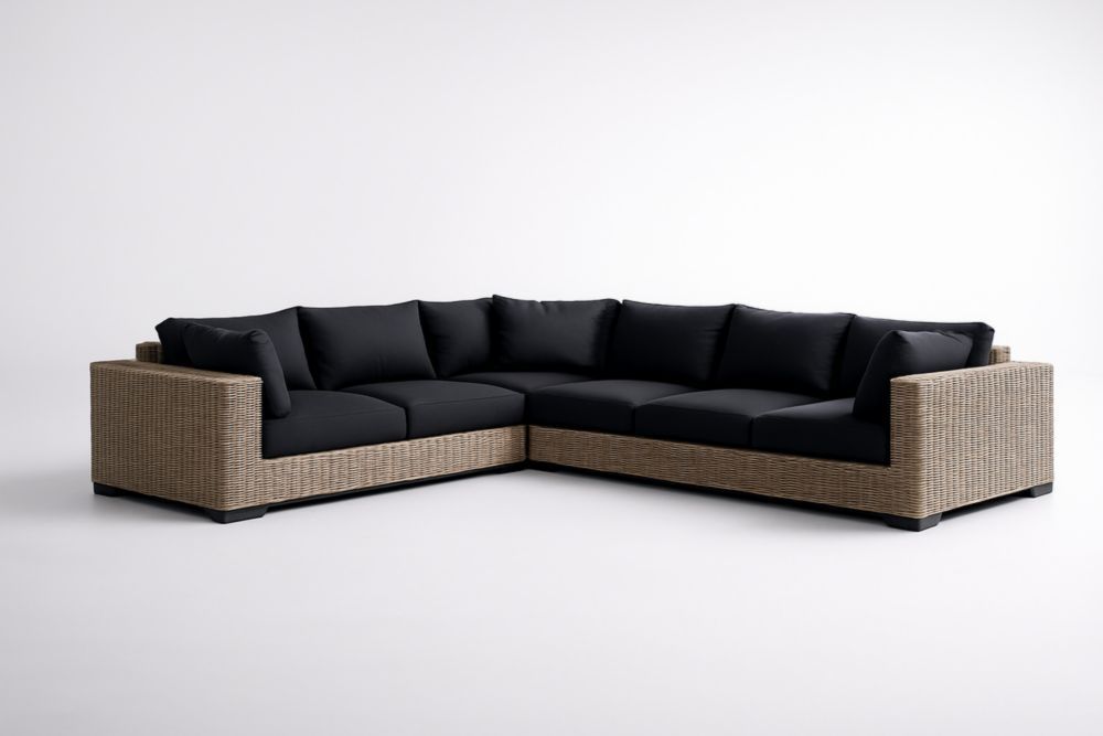 Divano angolare modulare da giardino in rattan e tessuto poliestere nero-Dwellhabito