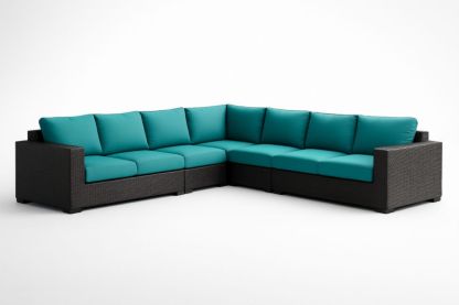 Divano angolare modulare da giardino in rattan sintetico con cuscini in poliestere turchese-Dwellhabito