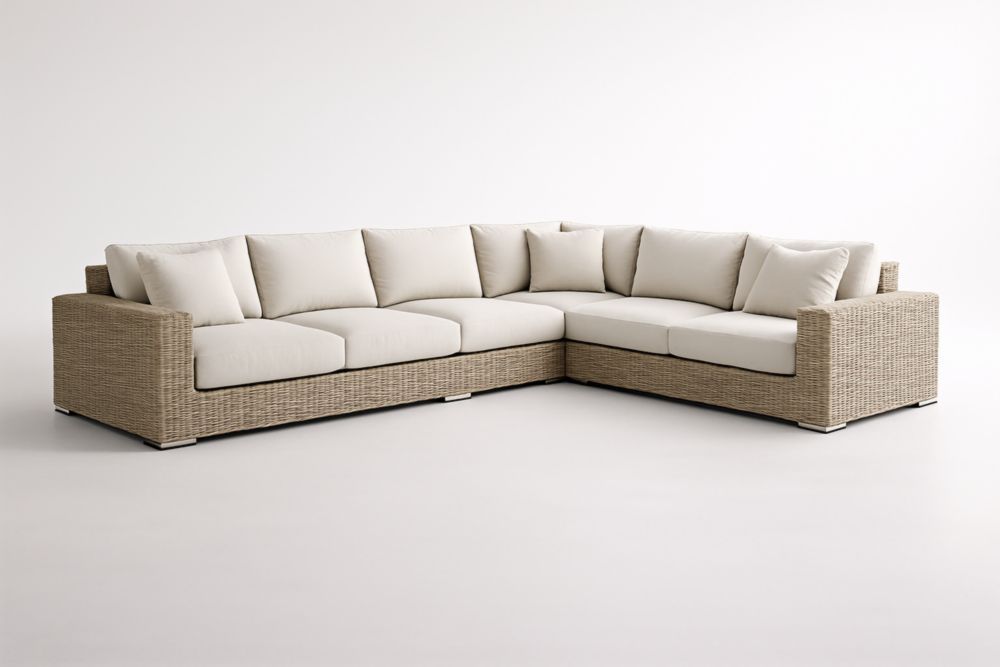 Divano angolare da giardino in rattan sintetico con tessuto in poliestere beige-Dwellhabito