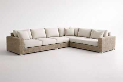 Divano angolare da giardino in rattan sintetico con tessuto in poliestere beige-Dwellhabito