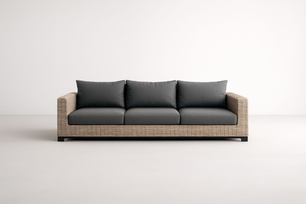 Divano da giardino a 3 posti in rattan con cuscini grigi-Dwellhabito