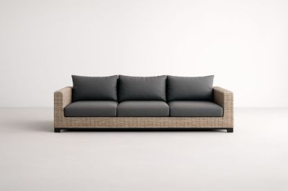 Divano da giardino a 3 posti in rattan con cuscini grigi-Dwellhabito