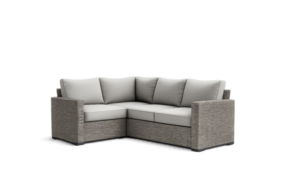 Divano angolare da giardino in rattan con cuscini in poliestere grigi-Dwellhabito