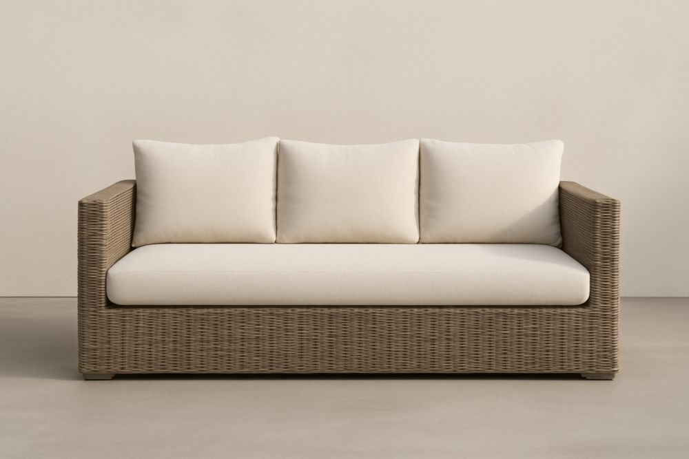 Divano da giardino in rattan sintetico con cuscini in tessuto poliestere-Dwellhabito