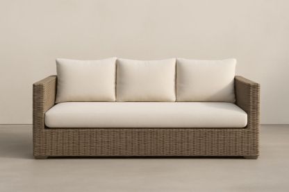 Divano da giardino in rattan sintetico con cuscini in tessuto poliestere-Dwellhabito