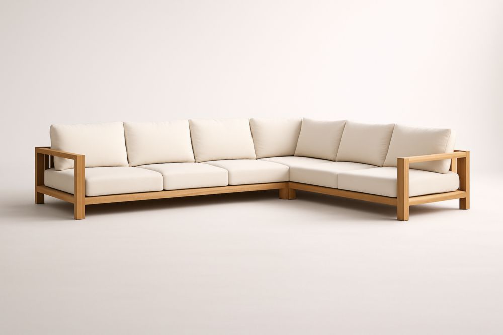 Divano angolare da giardino a 6 posti in legno con tessuto in poliestere beige-Dwellhabito