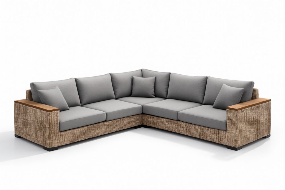 Divano ad angolo da giardino in rattan sintetico con cuscini grigi-Dwellhabito