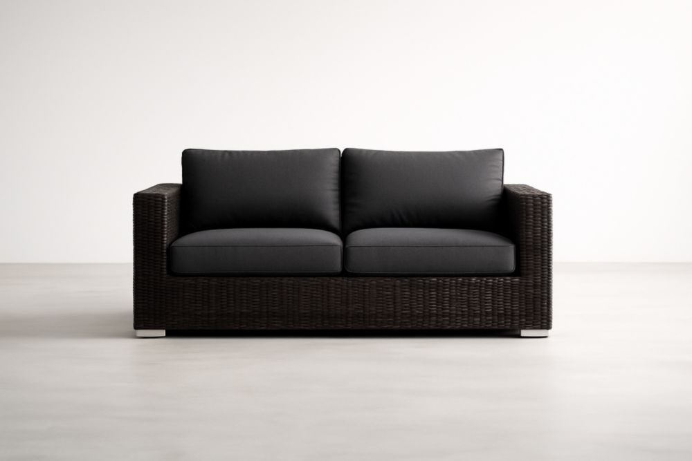 Divano da esterno in rattan sintetico nero, due posti-Dwellhabito