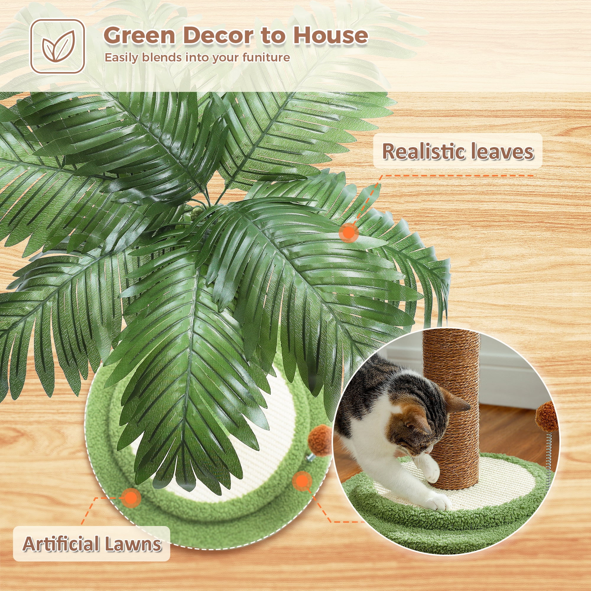 34" Coconut Palm Cat Scratching Post with Interactive Balls for Indoor Cats, Brown