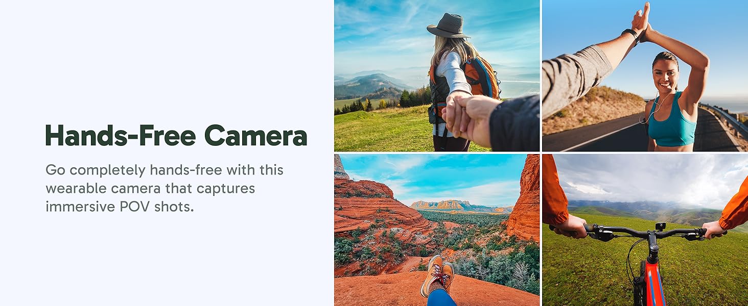 Text reads 'Hands-Free Camera'. Four-panel collage showing outdoor adventure photography shots including hiking, landscapes, and action scenes.