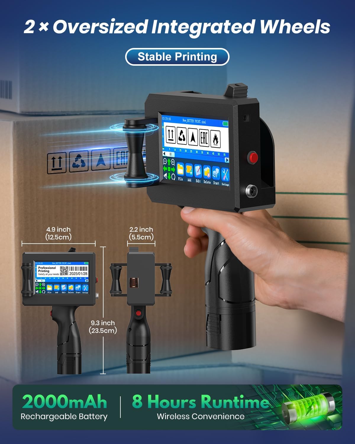 Portable Handheld Inkjet Printer Gun-0.5 Inch Nozzle for Logo/Batch Number/QR Code on Any Surface (Metal,Wood,Glass,Cloth,Carton) with Quick-Drying Ink & Multi-Language Support