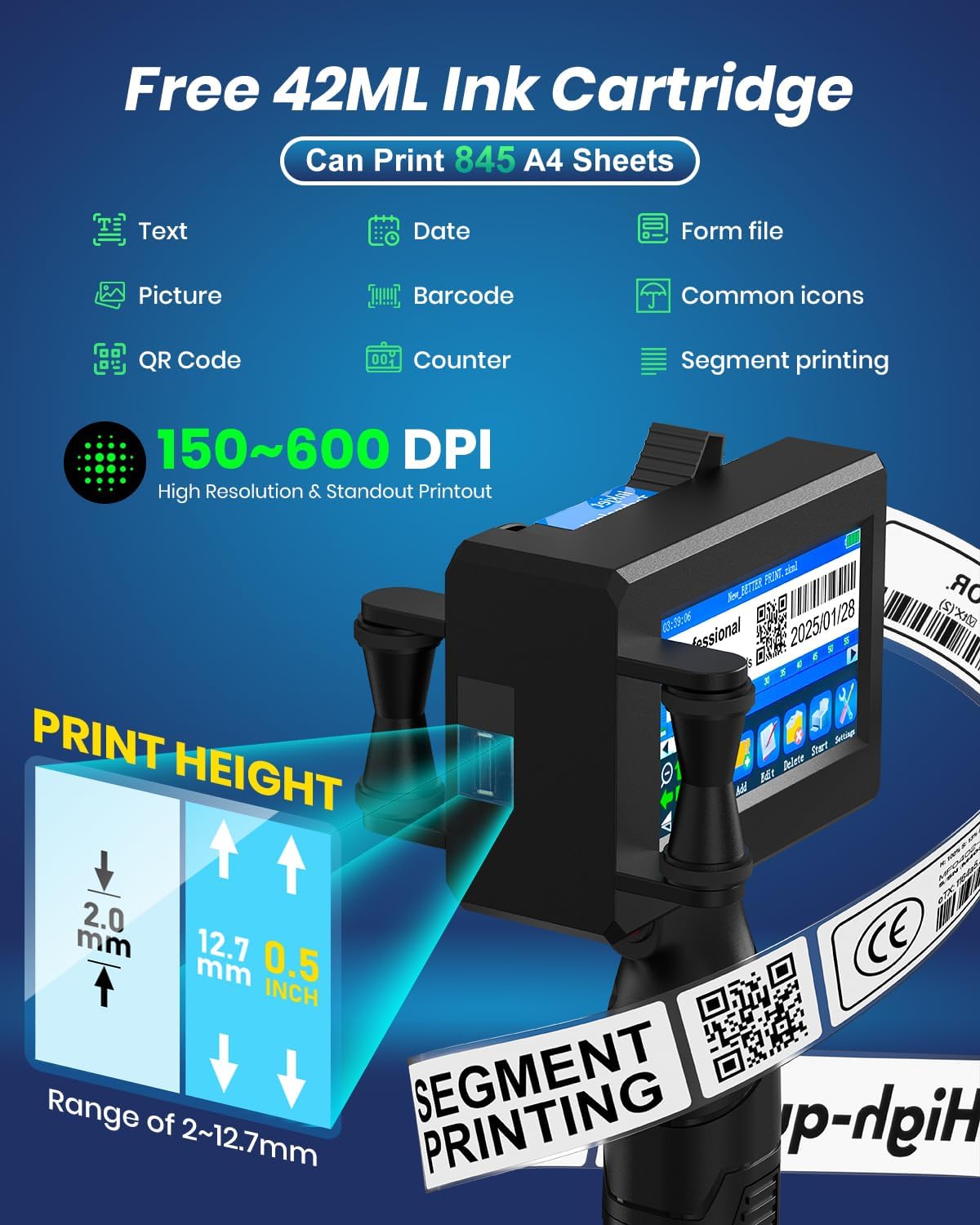 Portable Handheld Inkjet Printer Gun-0.5 Inch Nozzle for Logo/Batch Number/QR Code on Any Surface (Metal,Wood,Glass,Cloth,Carton) with Quick-Drying Ink & Multi-Language Support