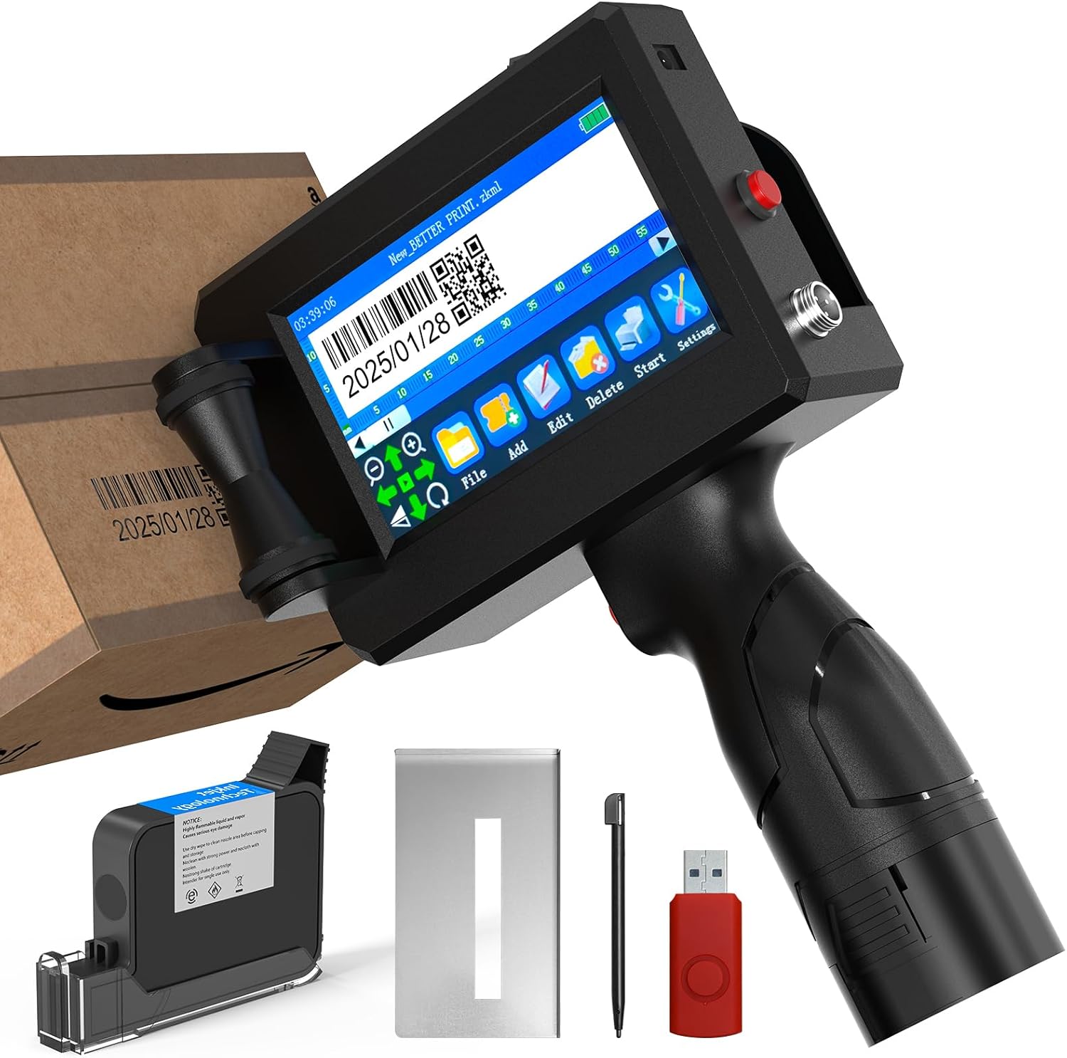 Portable Handheld Inkjet Printer Gun-0.5 Inch Nozzle for Logo/Batch Number/QR Code on Any Surface (Metal,Wood,Glass,Cloth,Carton) with Quick-Drying Ink & Multi-Language Support