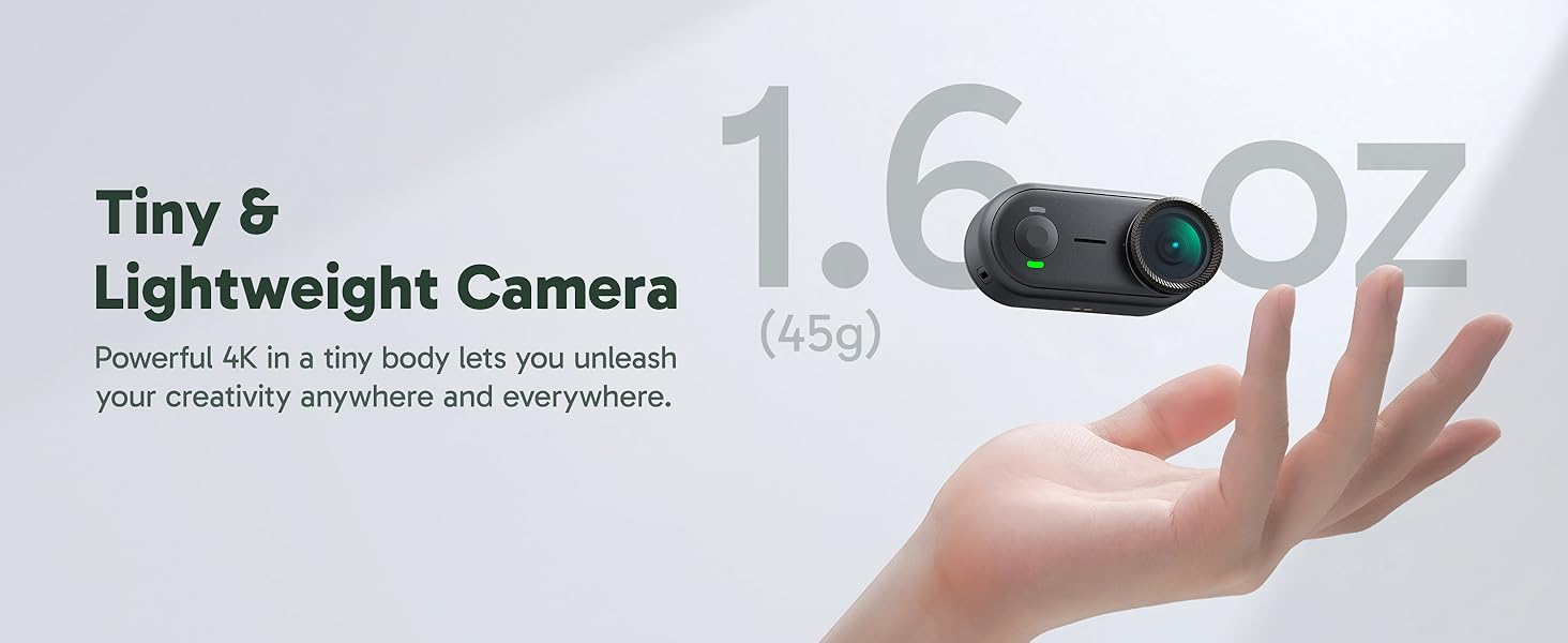 Text reads 'Tiny &amp; Lightweight Camera 1.6 oz (45g)'. Product demonstration showing small camera device being held in palm of hand.